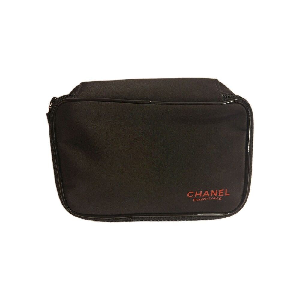 Chanel Parfums Black Cosmetic Zipper Pouch Red Logo